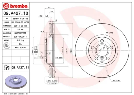 Диск гальмівний FORD GALAXY, MONDEO передн., вент. (вир-во) BREMBO 09-A427-11