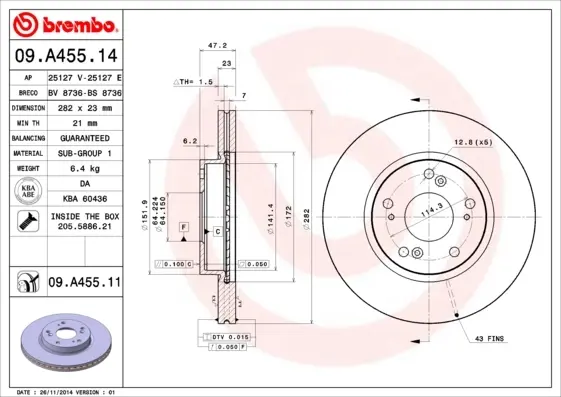 Диск гальмівний HONDA CIVIC передн., вент. (вир-во) BREMBO 09-A455-14 (фото 1)