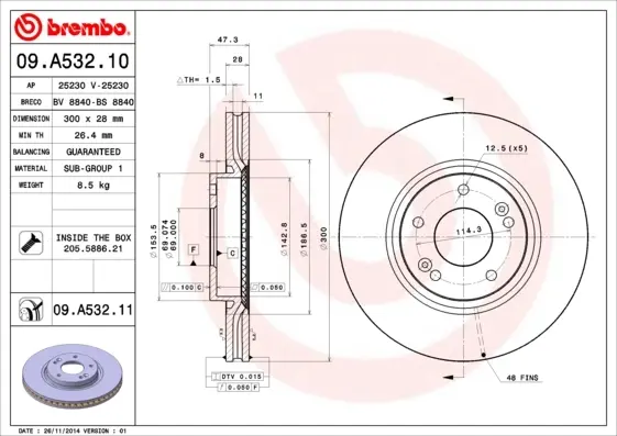Диск гальмівний HYUNDAI NF SONATA(16) LOTZE передн. (вир-во) BREMBO 09-A532-11 (фото 1)