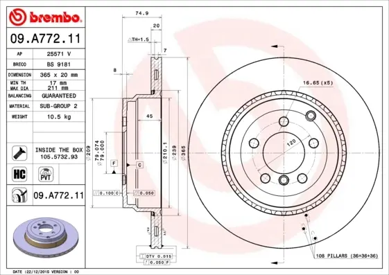 Диск гальмівний задн. (вир-во) BREMBO 09-A772-11 (фото 1)