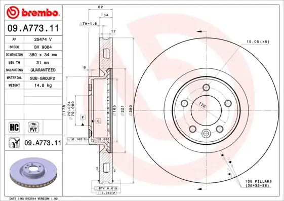 Диск гальмівний передн. (вир-во) BREMBO 09-A773-11 (фото 1)