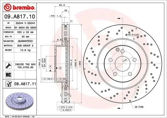 Диск гальмівний MB (W221) E420 E500 06-, S320-500 05 - передн. (вир-во) BREMBO 09-A817-11 (фото 1)