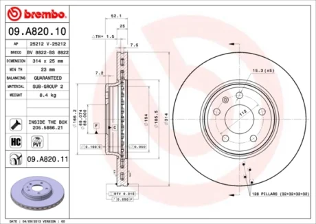 Диск гальмівний передн. (вир-во) BREMBO 09-A820-11