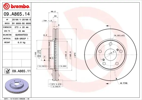 Диск гальмівний передн. (вир-во) BREMBO 09-A865-11 (фото 1)