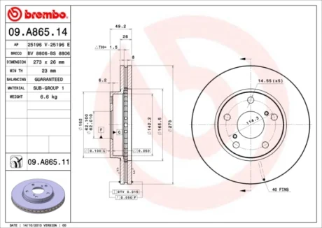 Диск гальмівний передн. (вир-во) BREMBO 09-A865-11