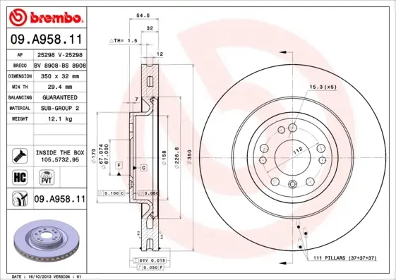 Диск гальмівний MB GL-CLASS передн., вент. (вир-во) BREMBO 09-A958-11 (фото 1)