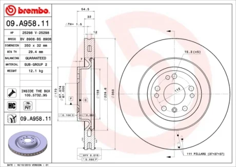 Диск гальмівний MB GL-CLASS передн., вент. (вир-во) BREMBO 09-A958-11