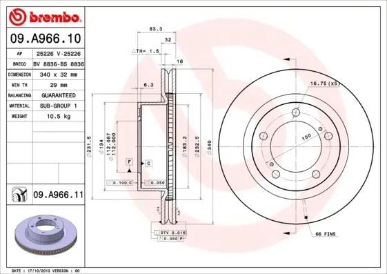 Диск гальмівний TOYOTA LAND CRUISER 4.5D V8 4.7 V8 передн. (вир-во) BREMBO 09-A966-11 (фото 1)