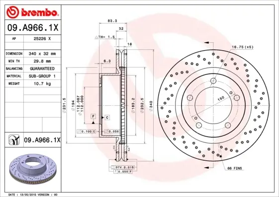 Диск гальмівний TOYOTA LAND CRUISER 4.5D V8 4.7 V8 передн. (вир-во) BREMBO 09-A966-1X (фото 1)