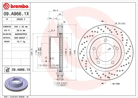 Диск гальмівний TOYOTA LAND CRUISER 4.5D V8 4.7 V8 передн. (вир-во) BREMBO 09-A966-1X