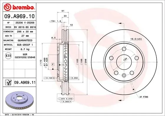 Диск гальмівний OPEL INSIGNIA (07/08-) передн. (вир-во) BREMBO 09-A969-10 (фото 1)