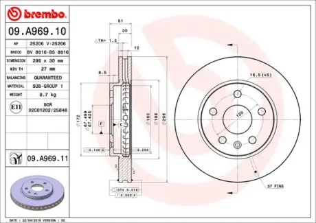Диск гальмівний OPEL INSIGNIA (07/08-) передн. (вир-во) BREMBO 09-A969-10