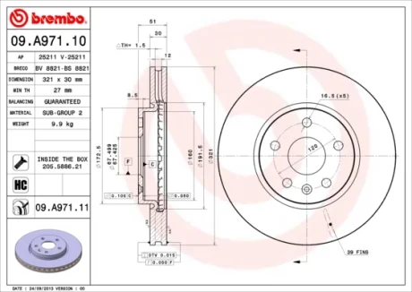 Диск гальмівний OPEL INSIGNIA 1.4-2.8V6 09 - передн. (вир-во) BREMBO 09-A971-11