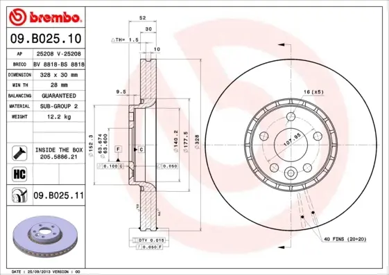Диск гальмівний передн. (вир-во) BREMBO 09-B025-11 (фото 1)