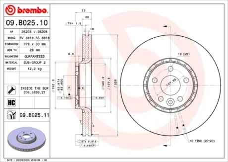 Диск гальмівний передн. (вир-во) BREMBO 09-B025-11