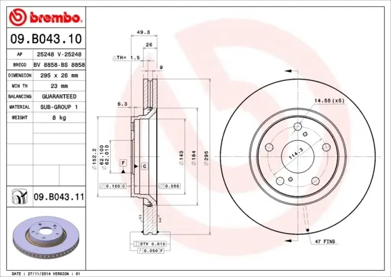Диск гальмівний TOYOTA AURIS, COROLLA передн., вент. (вир-во) BREMBO 09-B043-10 (фото 1)