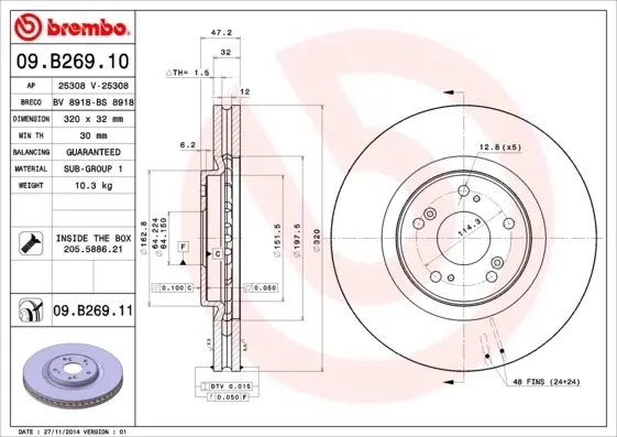 Диск гальмівний HONDA ACCORD IX, TOURER (CU) 2.4 I-VTEC 08 - передн. (вир-во) BREMBO 09-B269-10 (фото 1)