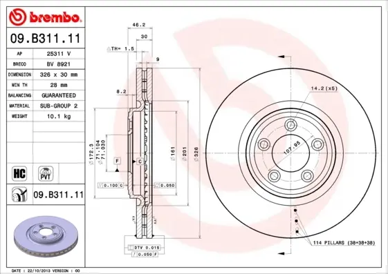 Диск гальмівний передн. (вир-во) BREMBO 09-B311-11 (фото 1)