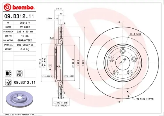 Диск гальмівний задн. (вир-во) BREMBO 09-B312-11 (фото 1)