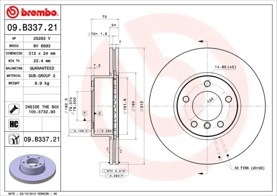 Диск гальмівний передн. (вир-во) BREMBO 09-B337-21 (фото 1)