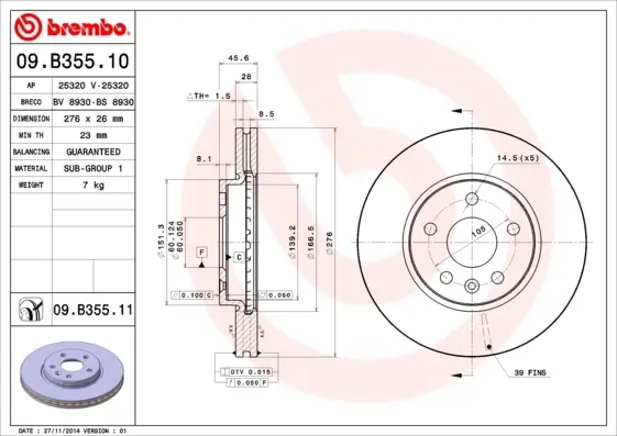 Диск гальмівний CHEVROLET CRUZE 1.6I 16V 09.05 - передн. (вир-во) BREMBO 09-B355-10 (фото 1)