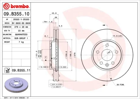 Диск гальмівний CHEVROLET CRUZE 1.6I 16V 09.05 - передн. (вир-во) BREMBO 09-B355-10
