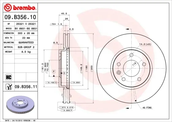 Диск гальмівний CHEVROLET CRUZE, OPEL ASTRA J передн. (вир-во) BREMBO 09-B356-11 (фото 1)