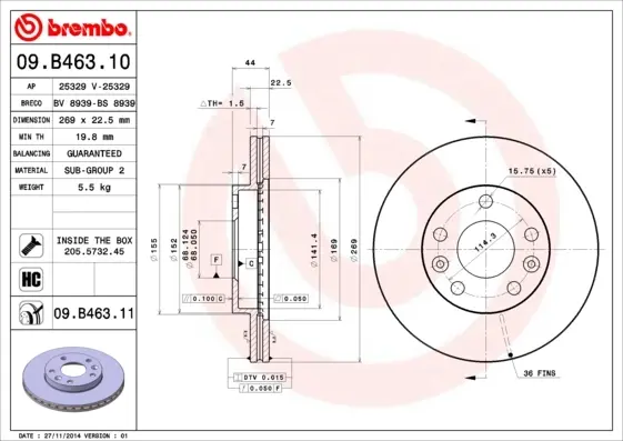 Диск гальмівний RENAULT DUSTER 1.6 16V 2.0 2012 - передн. (вир-во) BREMBO 09-B463-10 (фото 1)