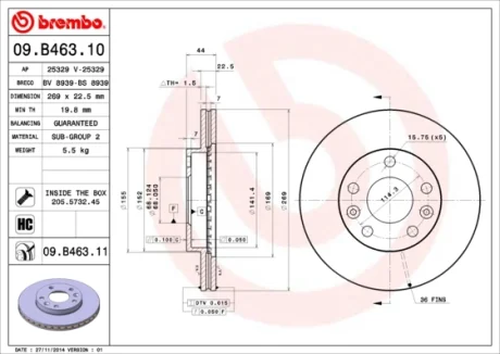 Диск гальмівний RENAULT DUSTER 1.6 16V 2.0 2012 - передн. (вир-во) BREMBO 09-B463-10