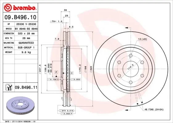 Диск гальмівний передн. (вир-во) BREMBO 09-B496-10 (фото 1)