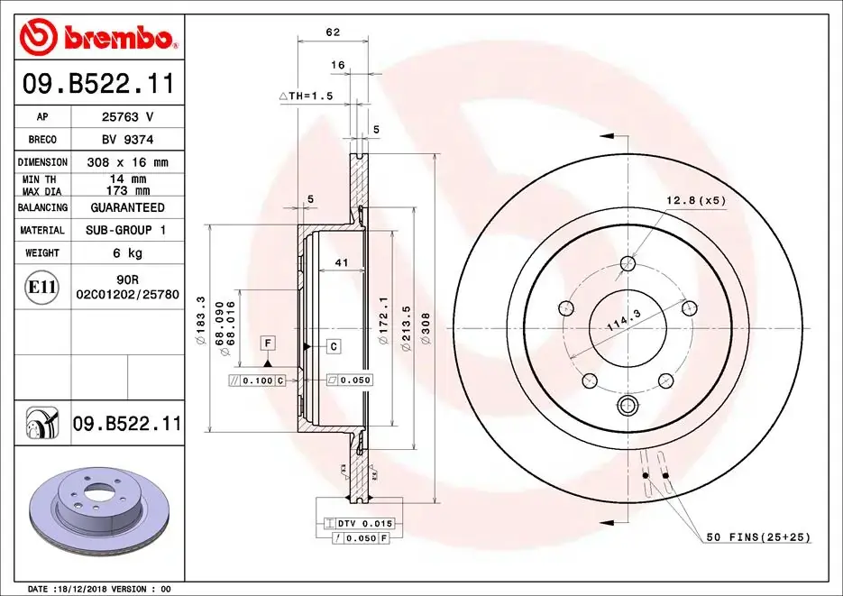 Диск гальмівний задн. (вир-во) BREMBO 09-B522-11 (фото 1)