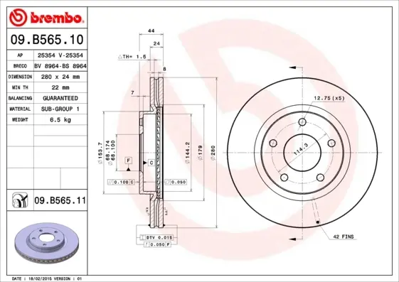 Диск гальмівний передн. (вир-во) BREMBO 09-B565-11 (фото 1)