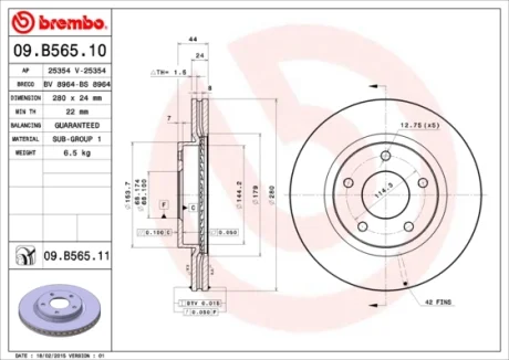 Диск гальмівний передн. (вир-во) BREMBO 09-B565-11
