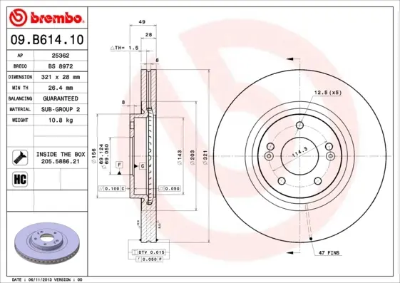 Диск гальмівний HYUNDAI SANTA FE 06 - передн. (вир-во) BREMBO 09-B614-10 (фото 1)