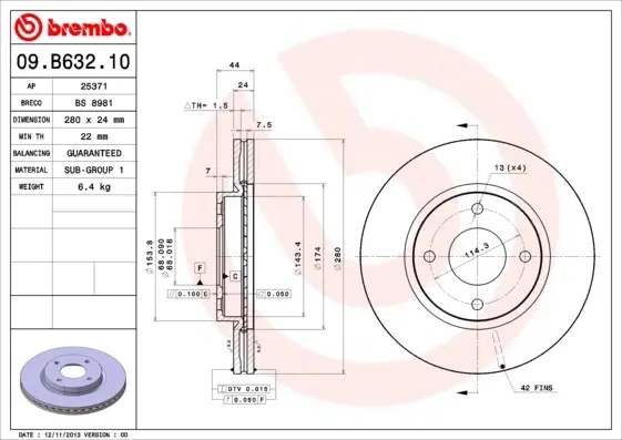 Диск гальмівний NISSAN TIIDA 1.5-1.8 07-, CUBE 1.5 1.6 2010 - передн. (вир-во) BREMBO 09-B632-10 (фото 1)