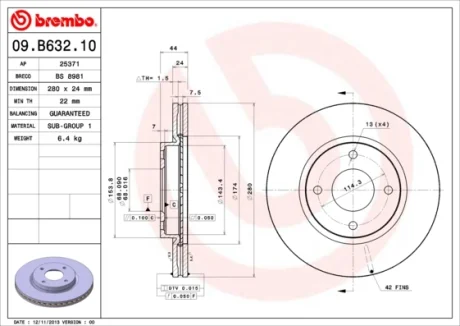 Диск гальмівний NISSAN TIIDA 1.5-1.8 07-, CUBE 1.5 1.6 2010 - передн. (вир-во) BREMBO 09-B632-10