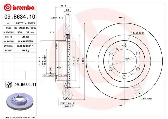 Диск гальмівний LAND CRUISER 150 3.0D-4D 2010-,4.0 V6 VVT-I 2010- передн. (вир-во) BREMBO 09-B634-11 (фото 1)