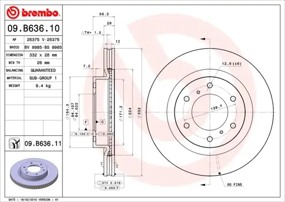 Диск гальмівний MITSUBISHI PAJERO IV передн. (вир-во) BREMBO 09-B636-11 (фото 1)