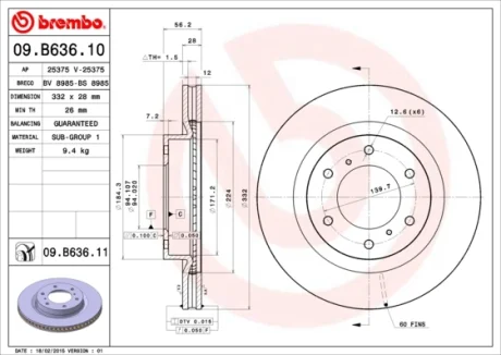 Диск гальмівний MITSUBISHI PAJERO IV передн. (вир-во) BREMBO 09-B636-11