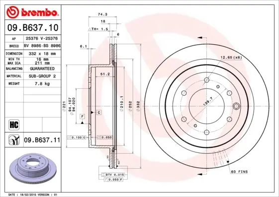 Диск гальмівний MITSUBISHI PAJERO IV 3.2 3.8 07- задн. (вир-во) BREMBO 09-B637-11 (фото 1)