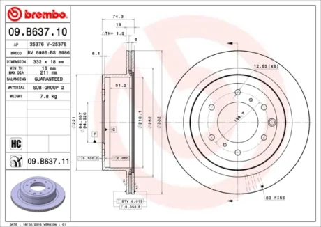 Диск гальмівний MITSUBISHI PAJERO IV 3.2 3.8 07- задн. (вир-во) BREMBO 09-B637-11