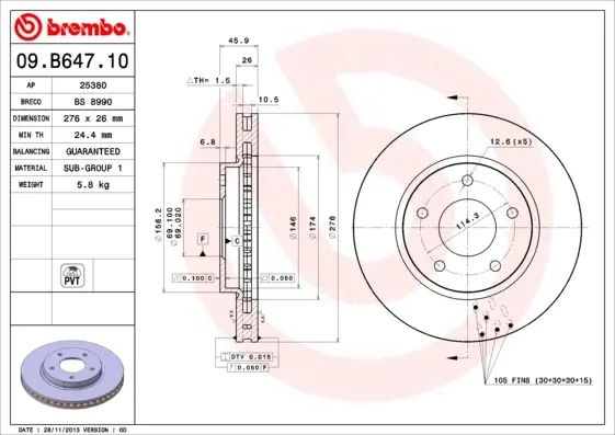 Диск гальмівний MITSUBISHI LANCER 1.5-2.0 08-, DODGE CALIBER 1.8-2.4 06- передн. (вир-во) BREMBO 09-B647-10 (фото 1)