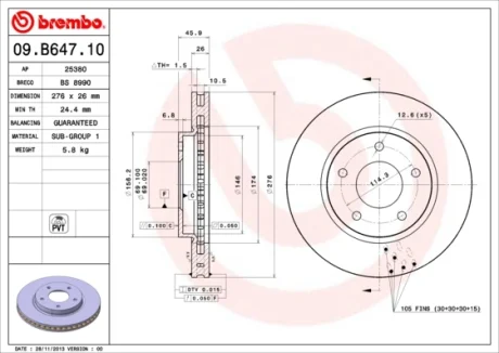 Диск гальмівний MITSUBISHI LANCER 1.5-2.0 08-, DODGE CALIBER 1.8-2.4 06- передн. (вир-во) BREMBO 09-B647-10