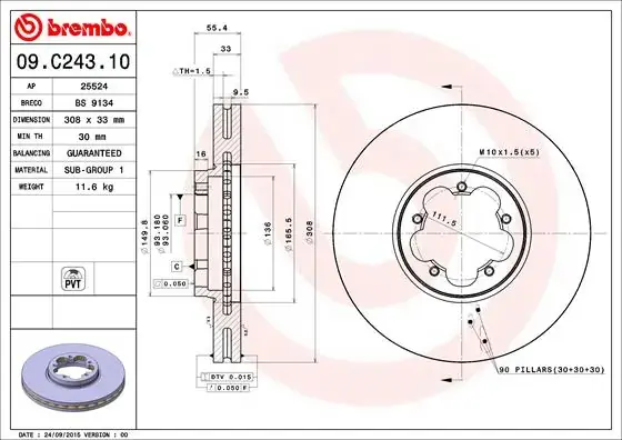 Диск гальмівний передн. (вир-во) BREMBO 09-C243-10 (фото 1)