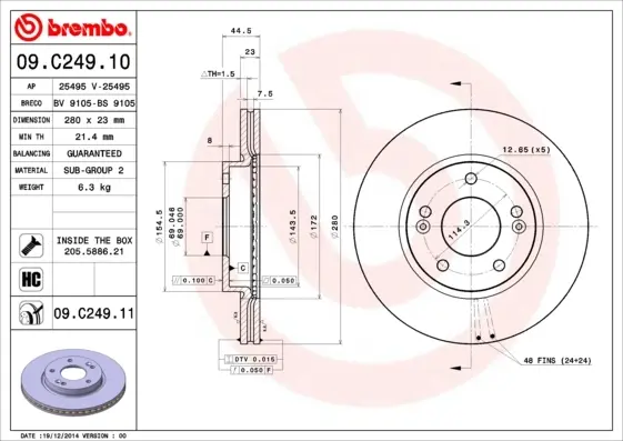Диск гальмівний передн. (вир-во) BREMBO 09-C249-11 (фото 1)