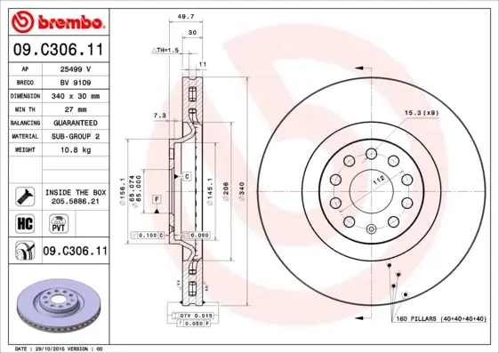 Диск гальмівний передн. (вир-во) BREMBO 09-C306-11 (фото 1)