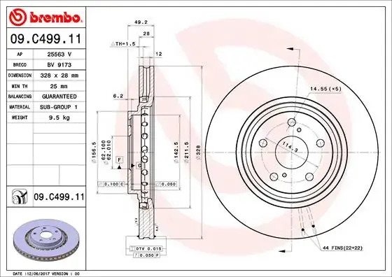 Диск гальмівний TOYOTA RAV4 IV 2.0 2.2 2012-,LEXUS RX350 RX450 2008-передн. (вир-во) BREMBO 09-C499-11 (фото 1)