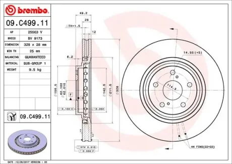 Диск гальмівний TOYOTA RAV4 IV 2.0 2.2 2012-,LEXUS RX350 RX450 2008-передн. (вир-во) BREMBO 09-C499-11