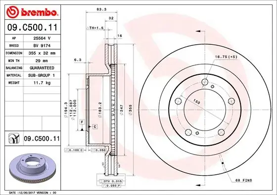 Диск гальмівний передн. (вир-во) BREMBO 09-C500-11 (фото 1)