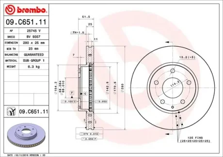 Диск гальмівний Mazda3 1.5/2.0/2.2 13- передн. вент. (вир-во) BREMBO 09-C651-11